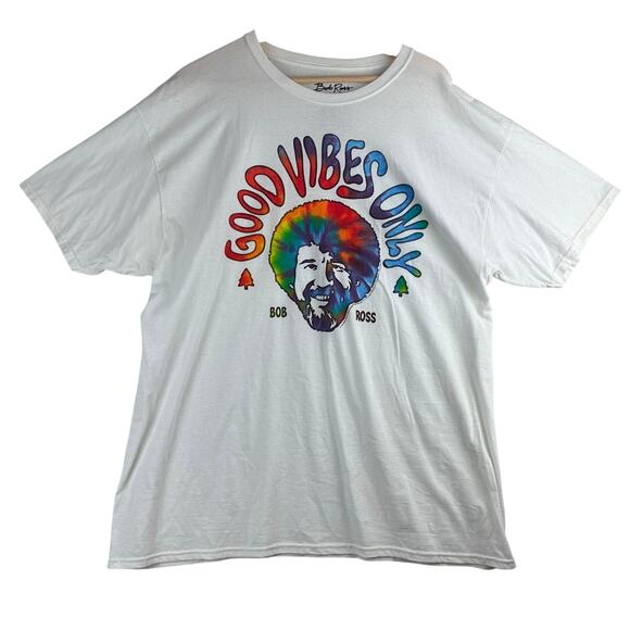 Bob Ross Short Sleeve Tee Shirt Men's XL 100% White Cotton Tie Dye Good Vibes - Picture 1 of 6